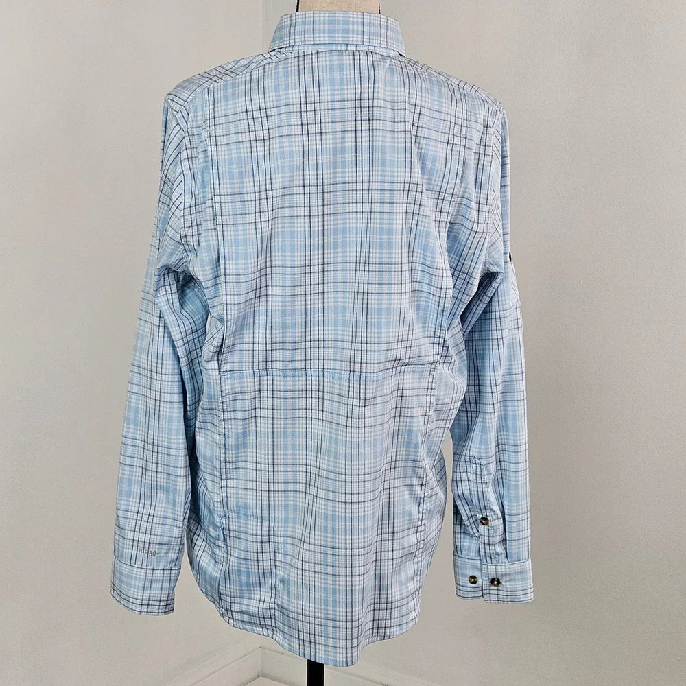 LL Bean Long Sleeve Roll Tab Blue Plaid Vented Shirt Fish Hike Womens M UPF 50 - Picture 10 of 16